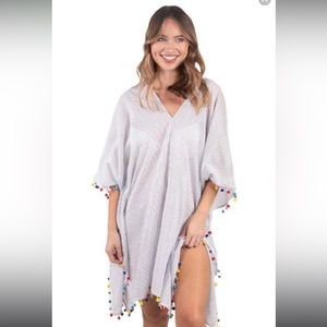 Simply Southern Multi Color Pom Pom White & Blue Stripped Coverup New!